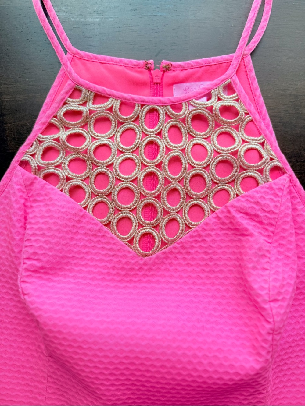 Lilly Pulitzer Larina Shift Dress Pink Sun Ray Gold Lattice Cutout Coastal Prep - Picture 10 of 12